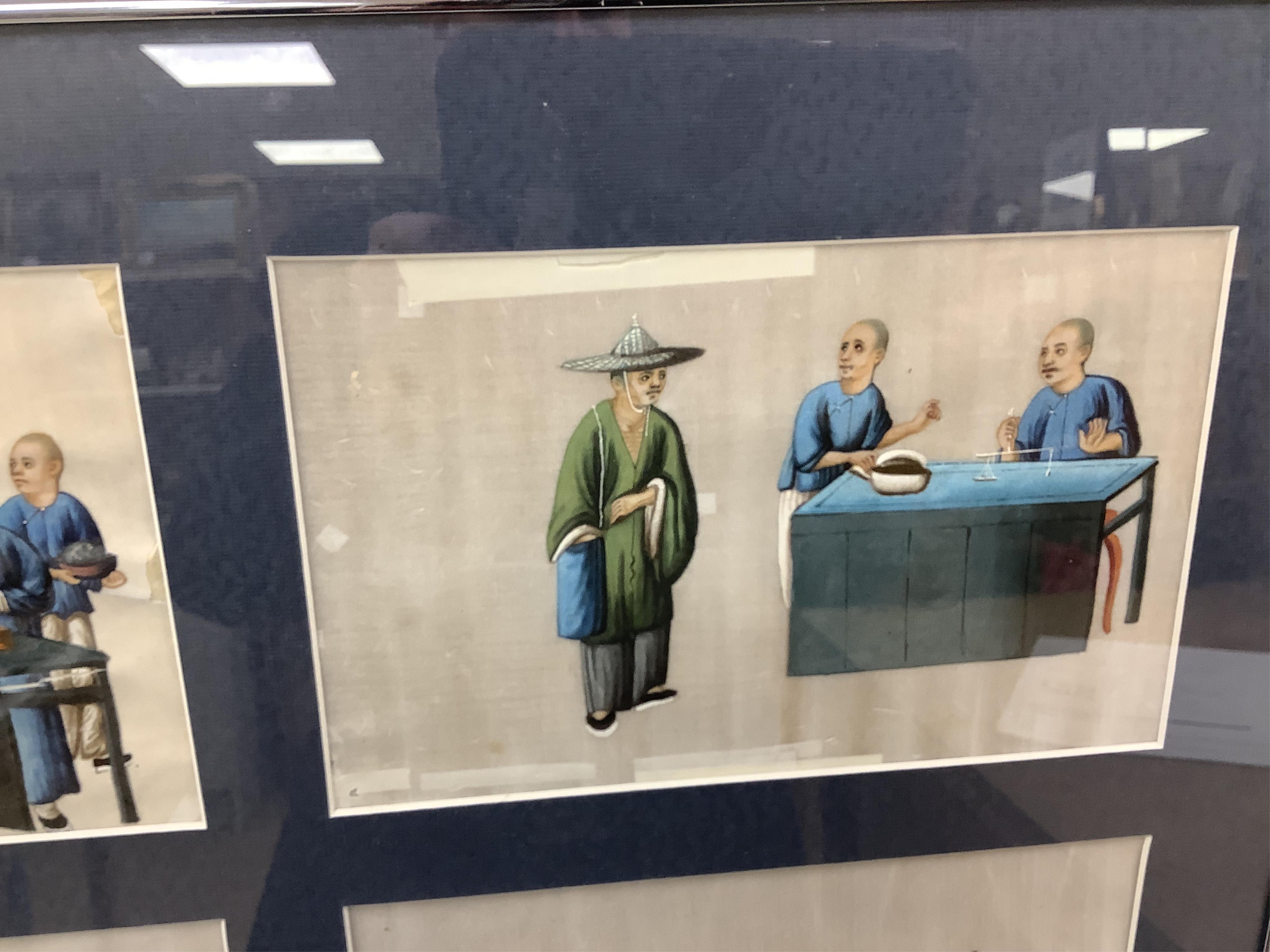 Late 19th / early 20th century, Chinese School, set of six pith paper paintings, Interior scenes with figures, each 15 x 24cm, paper in poor condition